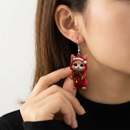 Orange Cat in Santa Outfit Christmas Dangle Earrings