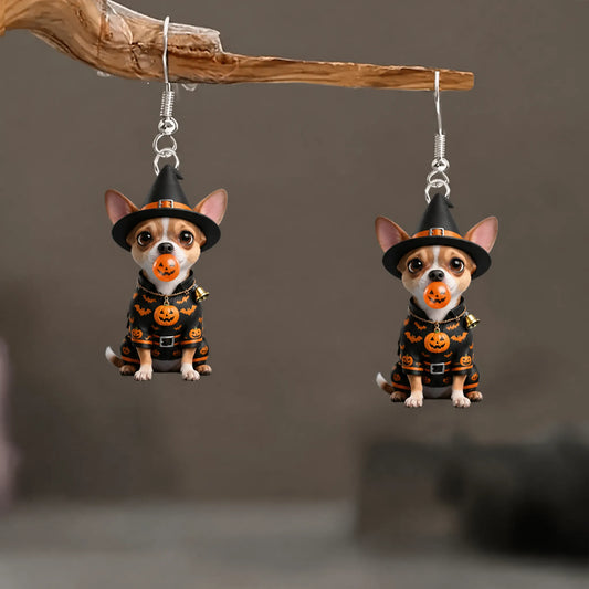 Chihuahua Witch Bat Print Outfit Halloween Earrings
