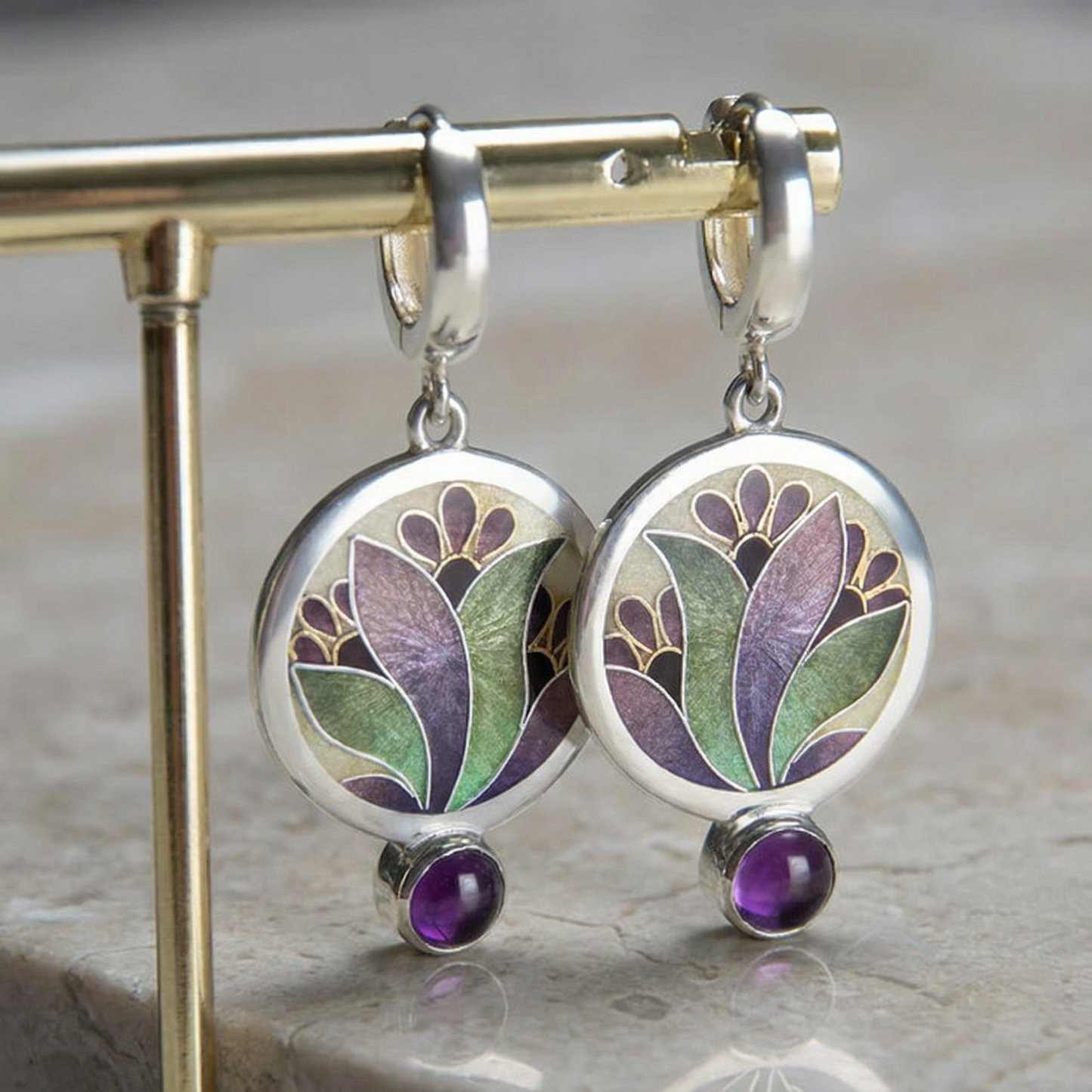 Boho Earrings with Purple Crystals in Sterling Silver