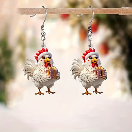 Christmas Cute White Chicken Earrings with Red Comb & Golden Gift Box