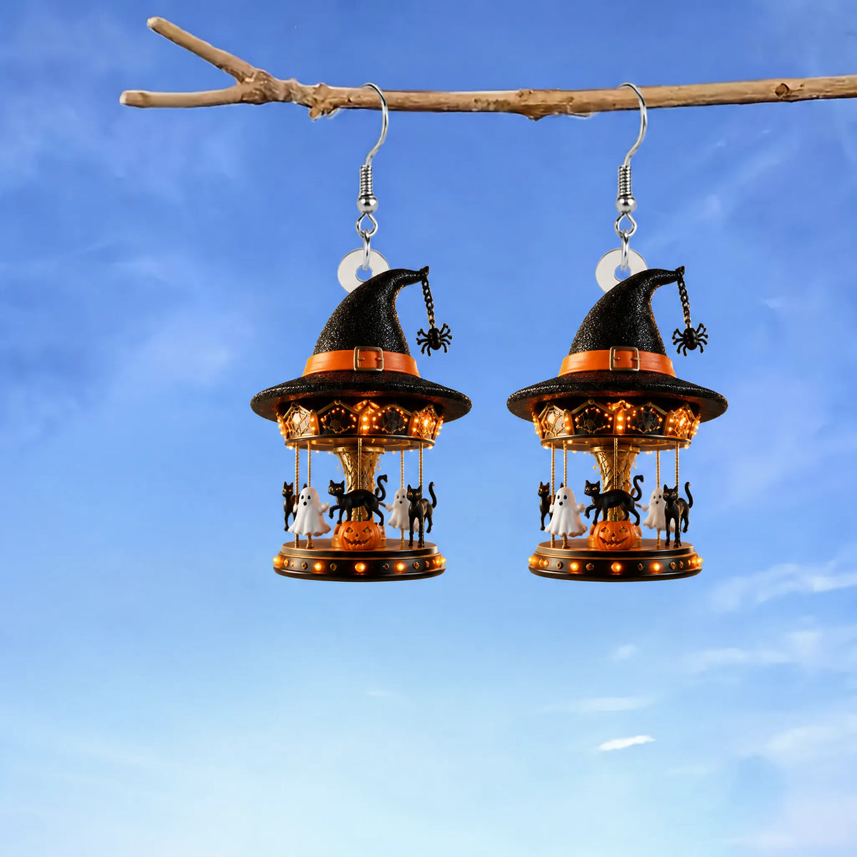 Witch Hat Carousel With Ghost Halloween Earrings