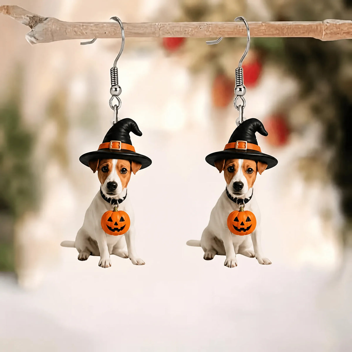 Jack Russell Terrier Puppy Witch Hat Pumpkin Collar Halloween Earrings