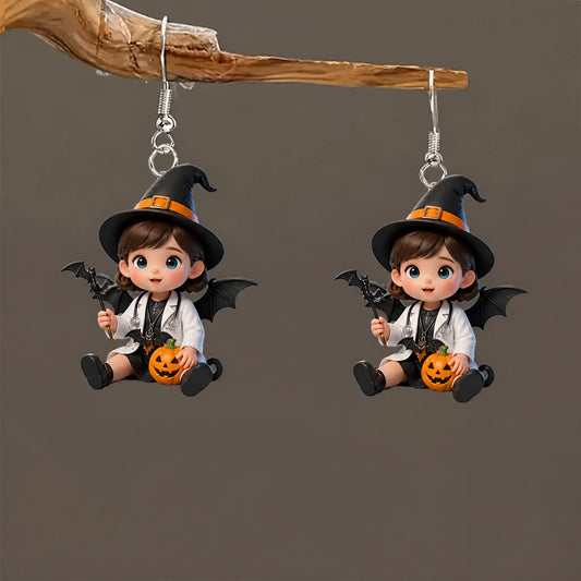 Little Bat Wing Witch Doctor Girl Pumpkin Magic Wand Halloween Earrings