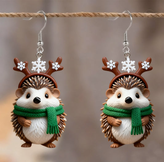 Christmas Green Scarf Hedgehog Earrings