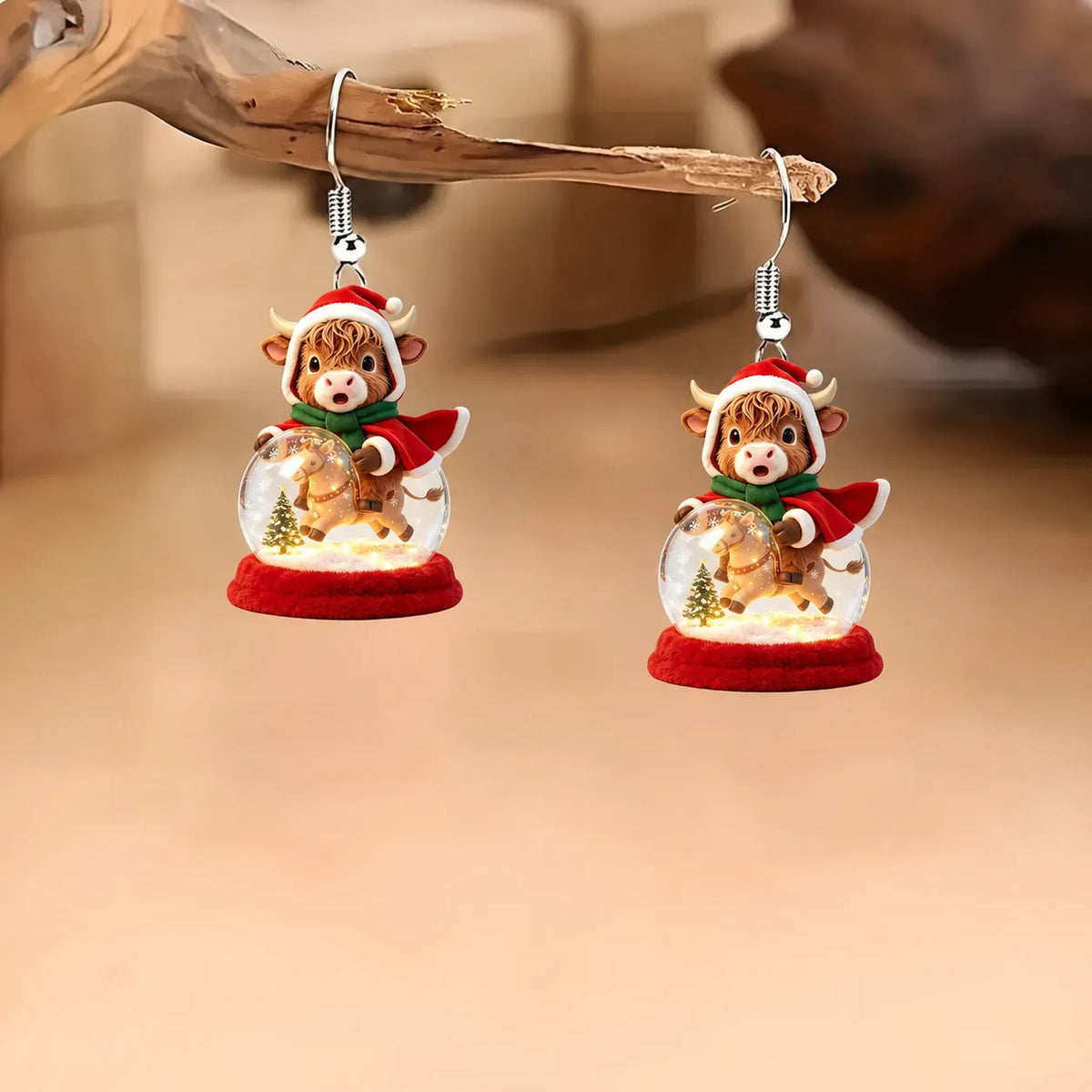 Highland Cow Christmas Snow Globe Dangle Earrings