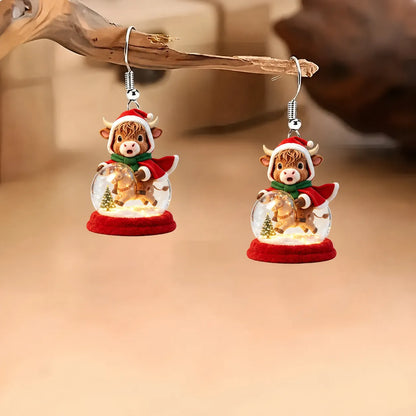 Highland Cow Christmas Snow Globe Dangle Earrings
