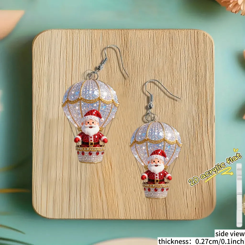 Christmas Santa Claus & Hot Air Balloon Design Earrings