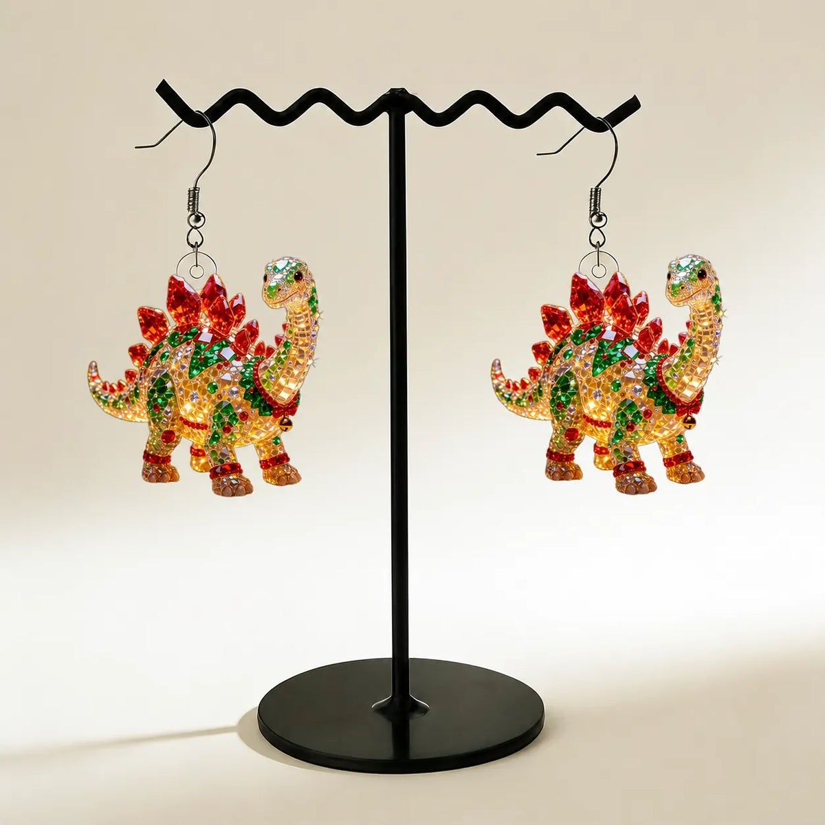 Rhinestone Stegosaurus Christmas Dangle Earrings