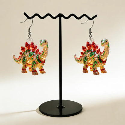Rhinestone Stegosaurus Christmas Dangle Earrings