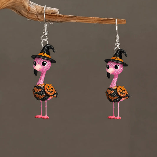 Glitter Pink Flamingo Witch Hat Halloween Earrings