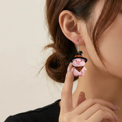 Fluffy Pink Pig Witch Bandana Bat Print Halloween Acrylic Earrings