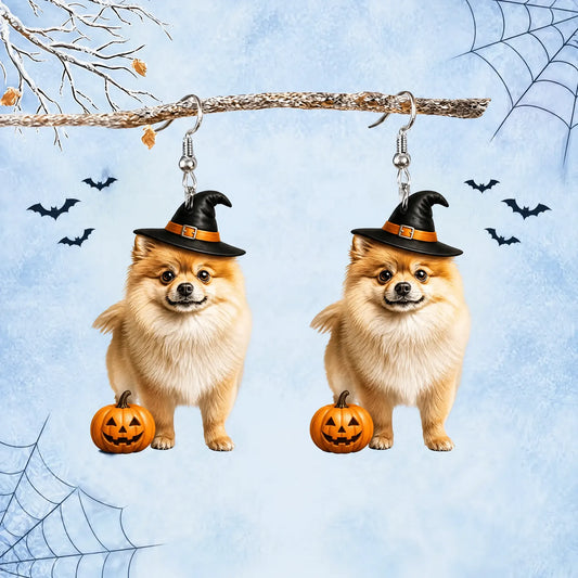 Fluffy Pomeranian Dog Witch Hat Halloween Earrings