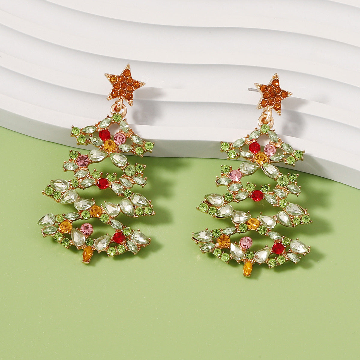 Christmas Tree Alloy Colored Diamond Earrings