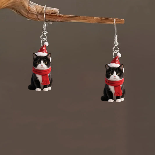 Christmas Cute Santa Hat & Scarf Design Black Cat Earrings