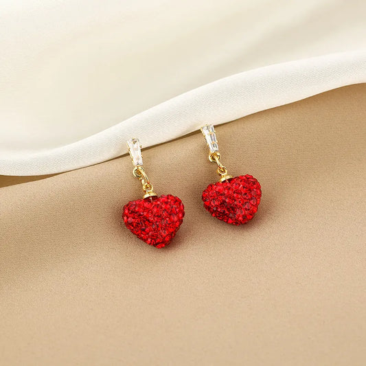 Red Full Diamond Peach Heart Earrings