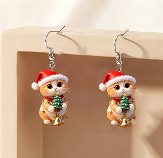 Christmas Kitten Holding Christmas Tree Earrings