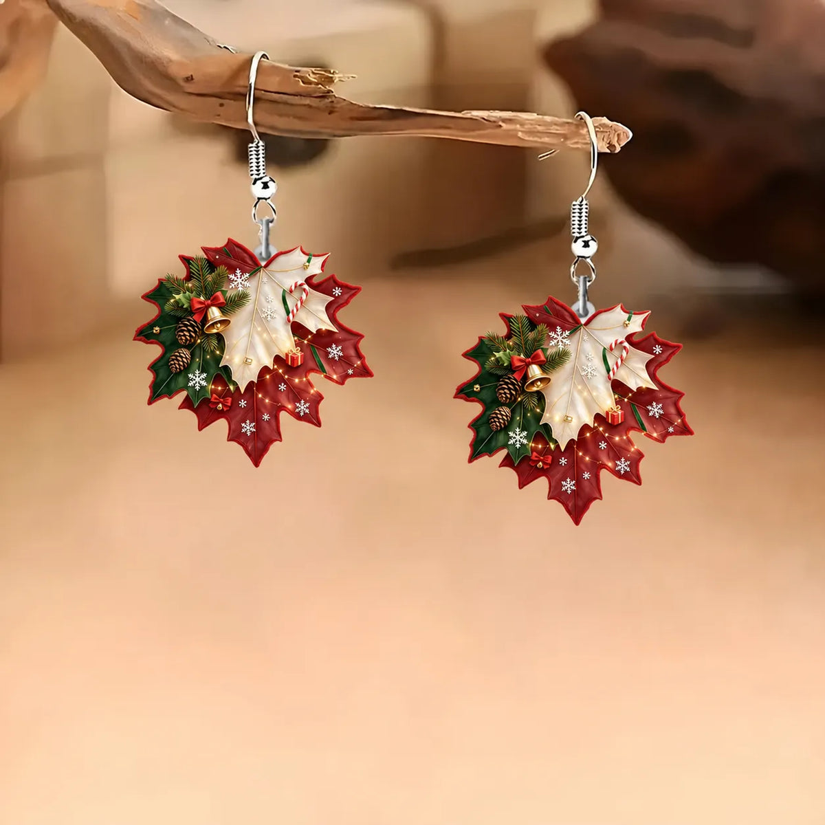 Christmas Maple Leaf Festive Dangle Earrings