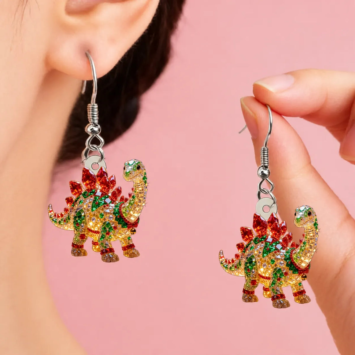 Rhinestone Stegosaurus Christmas Dangle Earrings