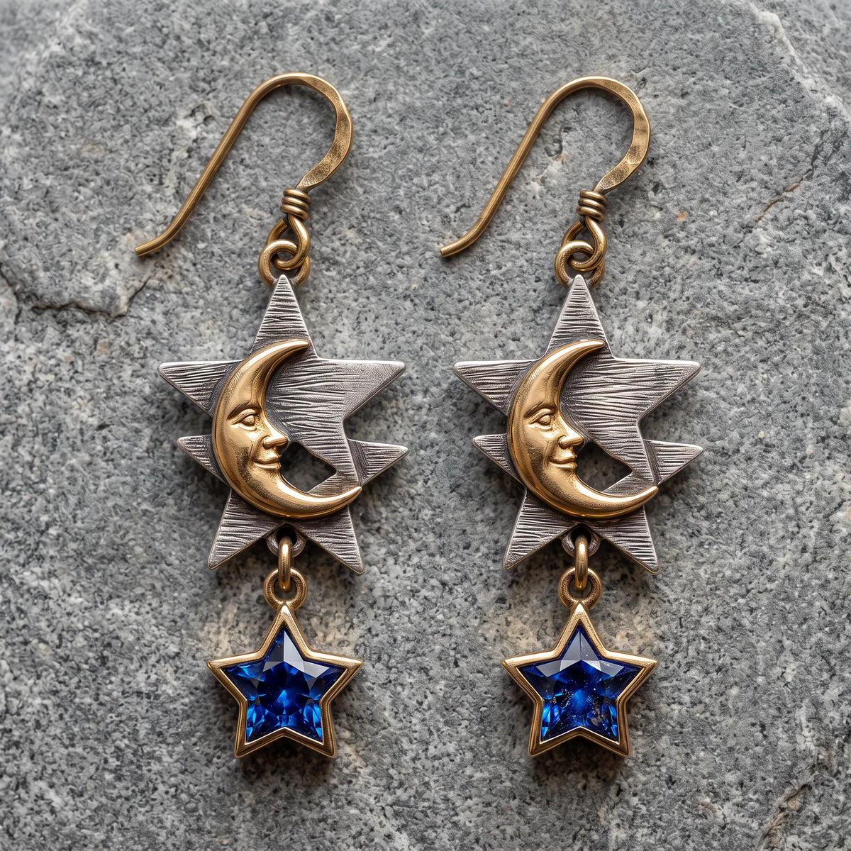 Vintage Two?\Tone Moon Star Dangle Earrings