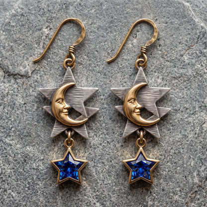 Vintage Two?\Tone Moon Star Dangle Earrings