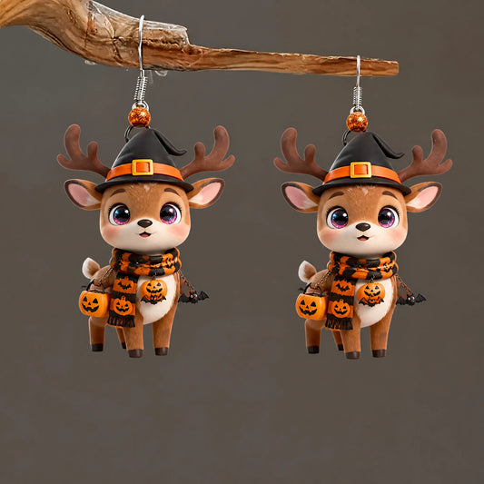 Cartoon Deer Witch Hat Bat Pumpkin Bucket Scarf Halloween Acrylic Earrings