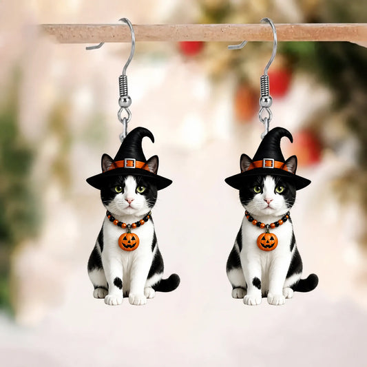 Black And White Cat Witch Hat Pumpkin Bead Collar Halloween Earrings