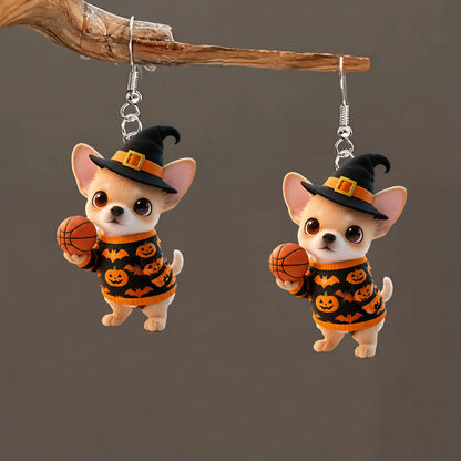 Chihuahua Puppy Witch Hat Holding Basketball Halloween Earrings