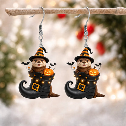 Witch Otter in Witch Boot Halloween Dangle Earrings