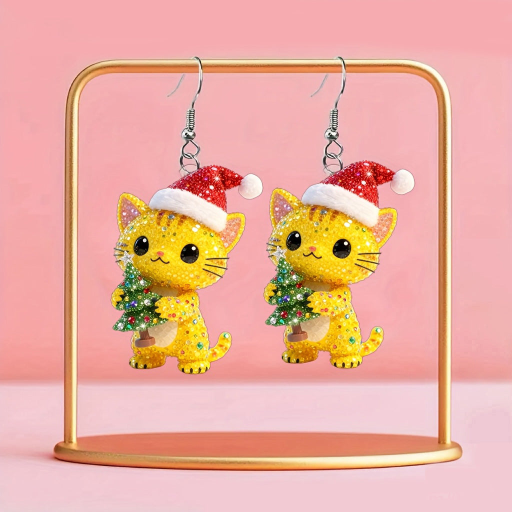 Christmas Cute Yellow Cat Holding Christmas Tree Design Earrings