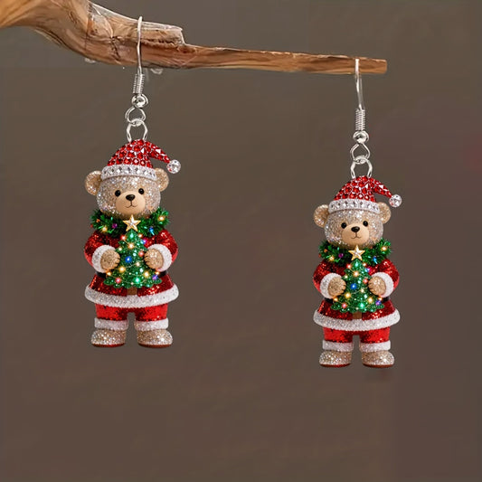 Christmas Cute Bear Holding Christmas Tree Earrings