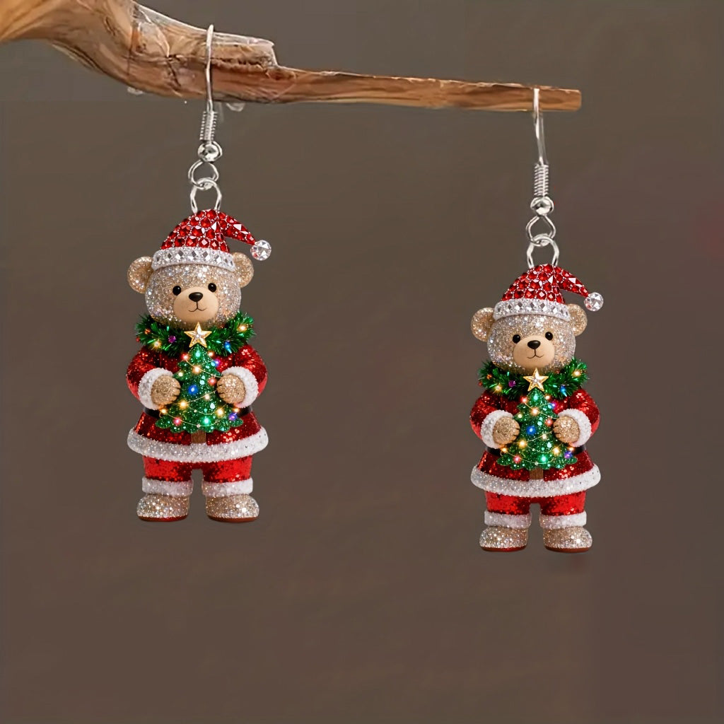 Christmas Cute Bear Holding Christmas Tree Earrings