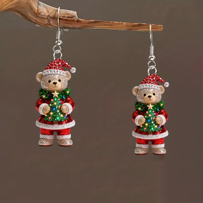 Christmas Cute Bear Holding Christmas Tree Earrings