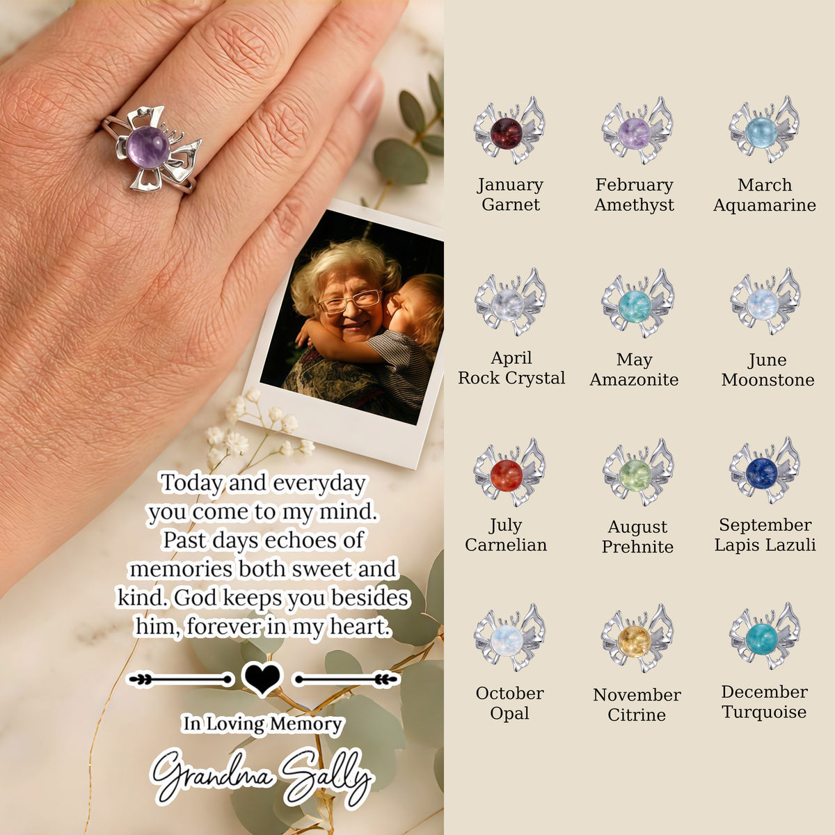 In Loving Memory - Sterling Silver Butterfly Crystal Orb Memorial Ring - 12 Birthstone Energy Keepsake
