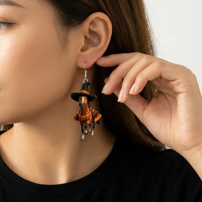 Brown Horse Witch Hat Halloween Lights Bat Cape Halloween Earrings