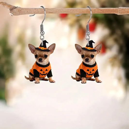 Chihuahua Pumpkin Sweater Witch Hat Halloween Acrylic Earrings