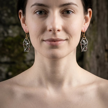 Vintage Coffin Double Raven Amethyst Drop Earrings