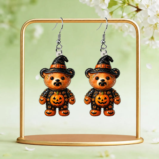 Glitter Teddy Bear Witch Hat Bat Pumpkin Outfit Halloween Earrings