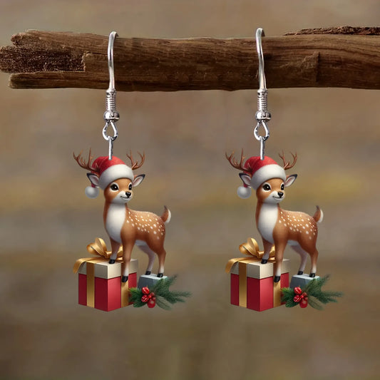Christmas Elegant Santa Hat & Gift Box Design with Deer Earrings
