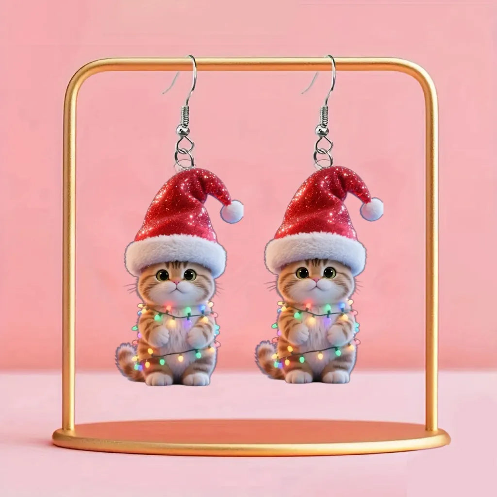 Christmas Light Bulb Cat Christmas Hat Earrings