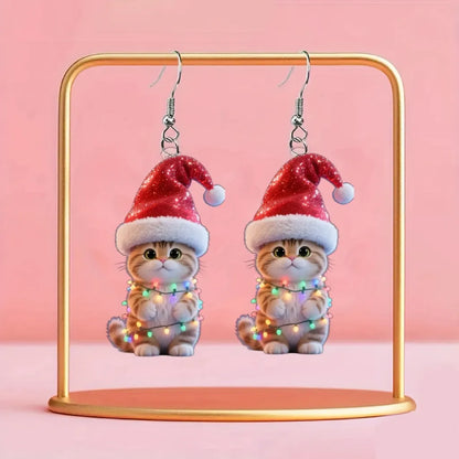 Christmas Light Bulb Cat Christmas Hat Earrings