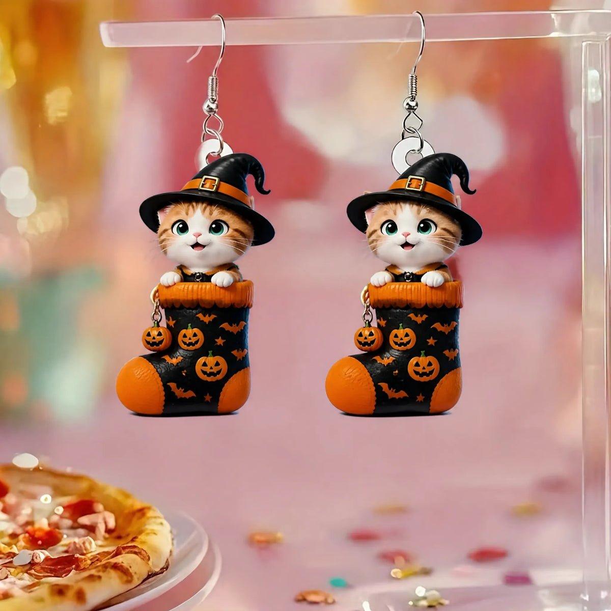 Ginger Cat In Halloween Sock Witch Hat Pumpkin Bat Pattern Earrings