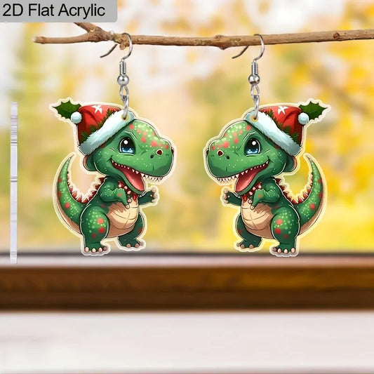 Christmas Green Dinosaur Acrylic Drop Earrings