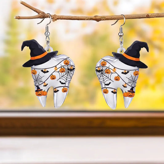 Witch Hat Tooth Pumpkin Bat Spider Web Halloween Party Earrings