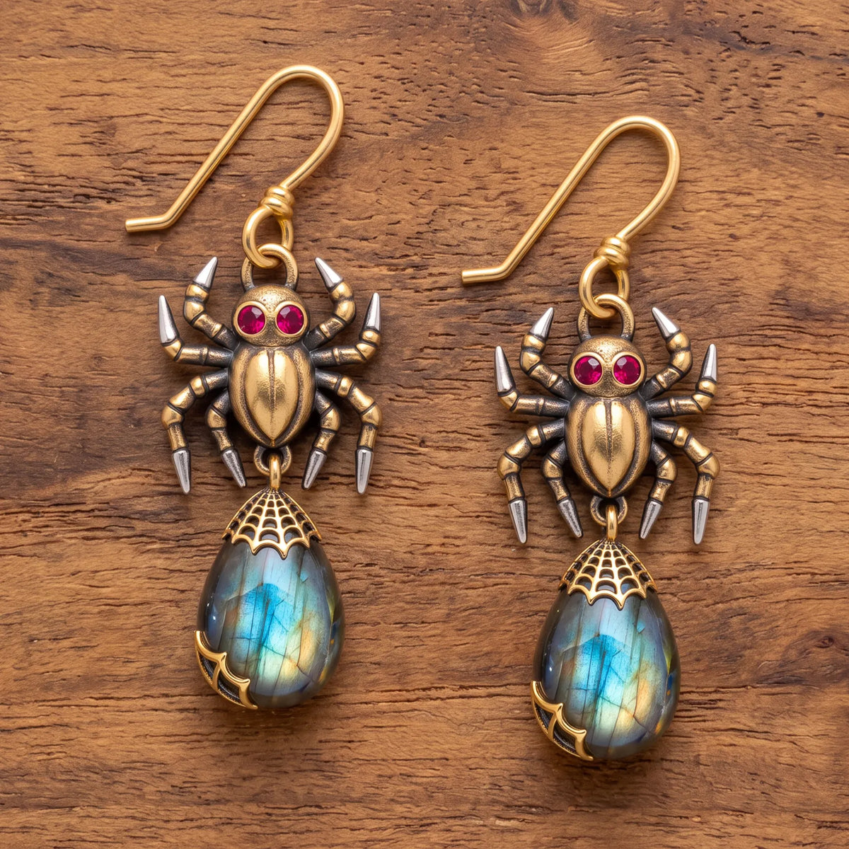 Vintage Gothic Spider Labradorite Dangle Earrings