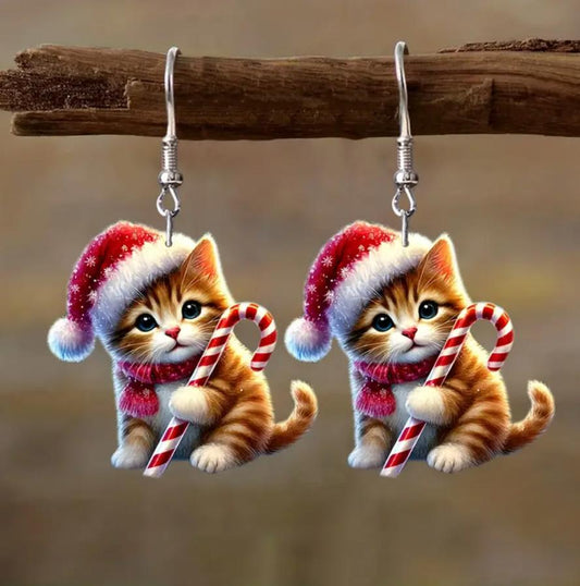 Christmas Candy Cat Earrings