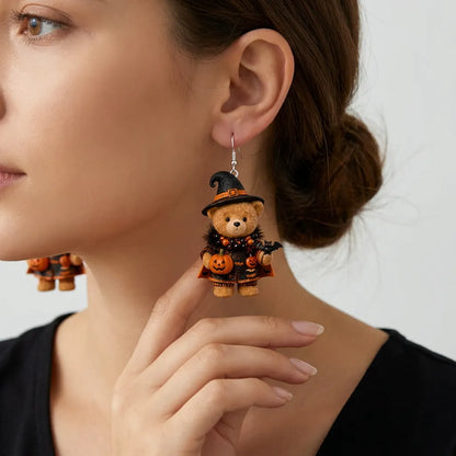 Sparkly Teddy Bear Witch Cloak Bead Necklace Bat Pumpkin Halloween Acrylic Earrings