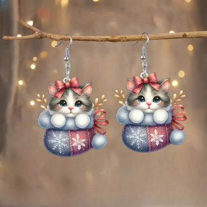 Christmas AcrylicCute Tabby Cat with Pink Bow & Snowflake Pattern Earrings