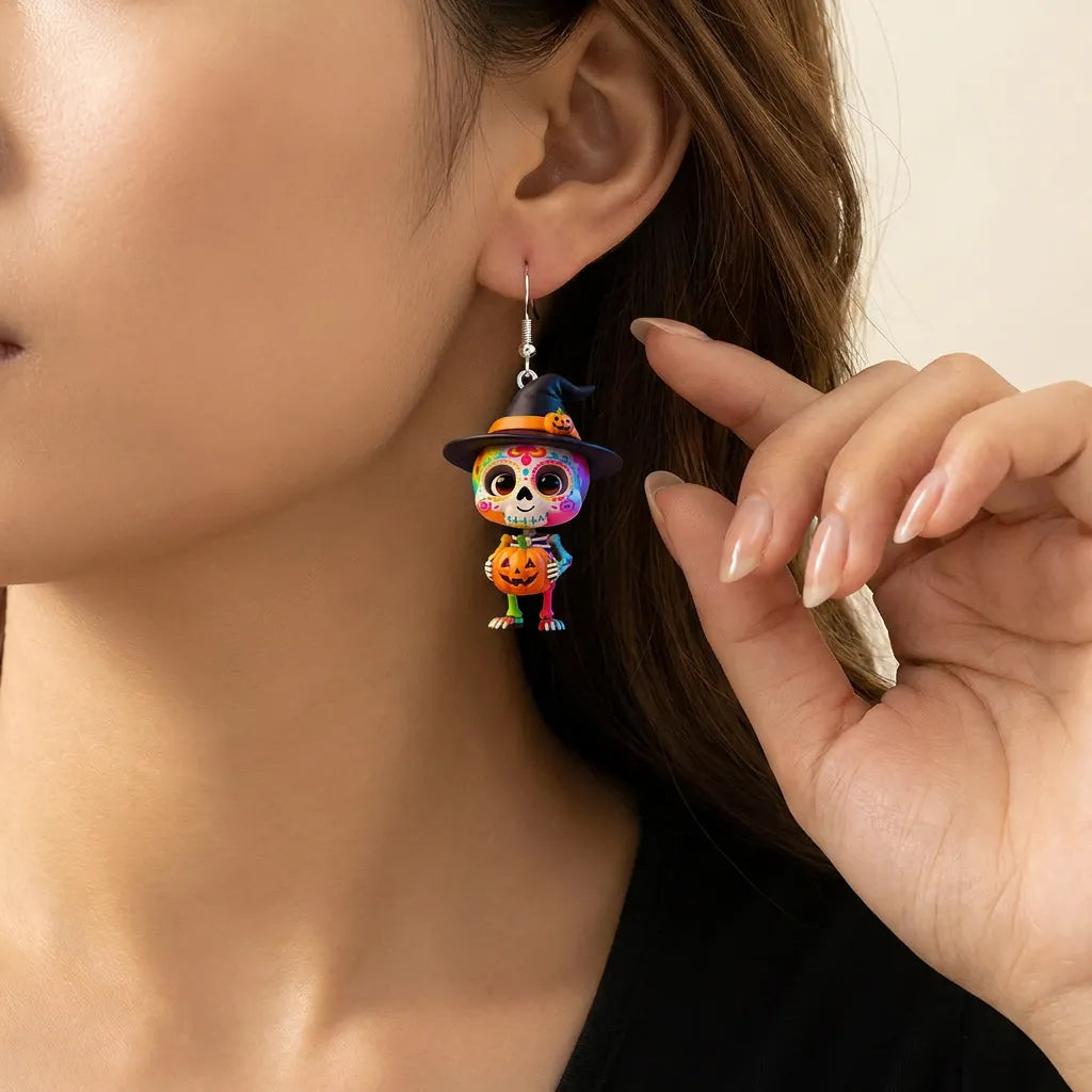 Mismatched Colorful Sugar Skull Halloween Acrylic Earrings