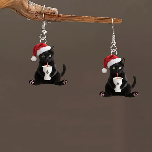 Christmas Black Kitten Drinking Drinks Earrings