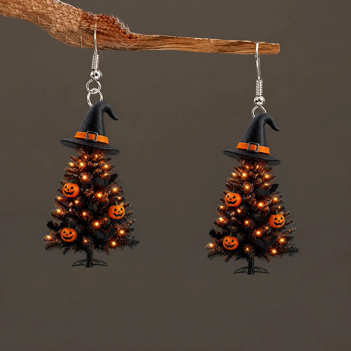Witch Hat Black Halloween Tree Dangle Earrings